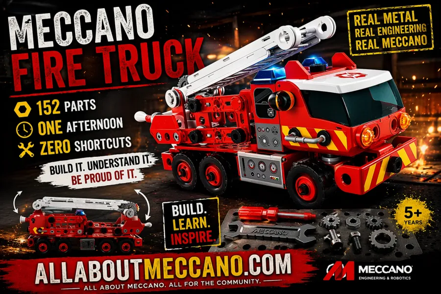 Meccano Junior Rescue Fire Truck 152-piece building set showing completed model with rotating ladder, lights and real tools