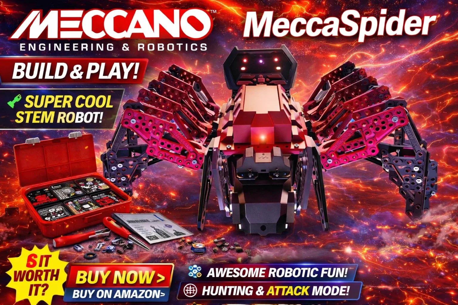 Children building a Meccano spider model with metal construction parts and tools