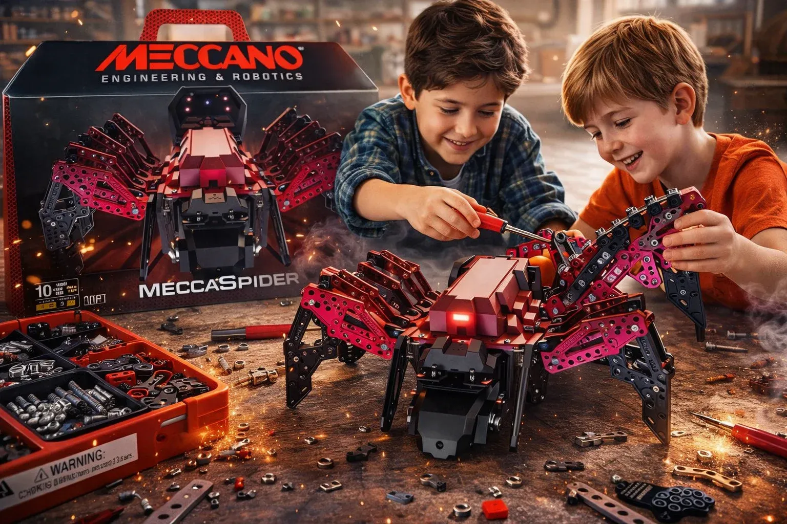 Two kids building a Meccano robot kit together, hands-on with real metal parts