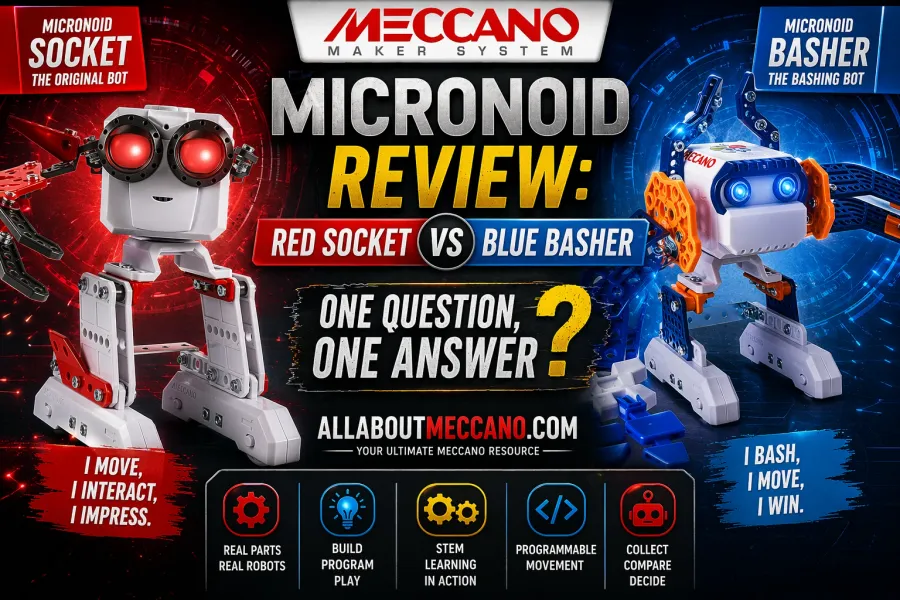 Meccano Micronoid Red Socket vs Blue Basher robots comparison showing programmable interactive robot toys with LED eyes and moving arms