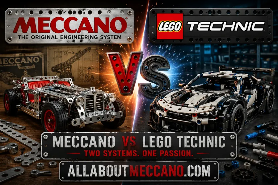 Meccano vs Lego Technic comparison showing metal engineering system versus plastic building system with realistic mechanical models