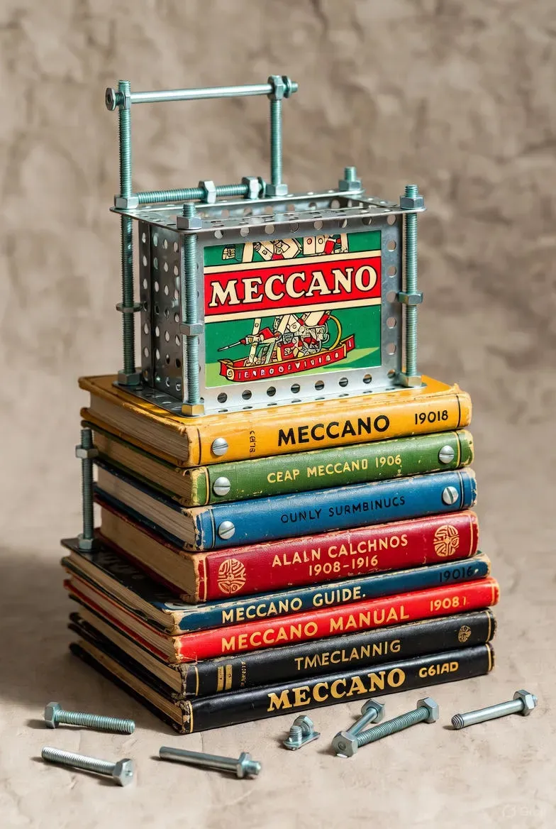 A collage of rare vintage Meccano instruction manuals from 1908 to 1916