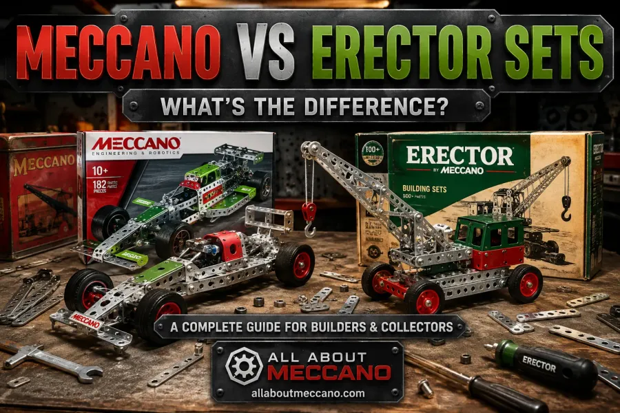 Erector set vs Meccano side by side comparison of metal construction building sets showing parts bolts and panels