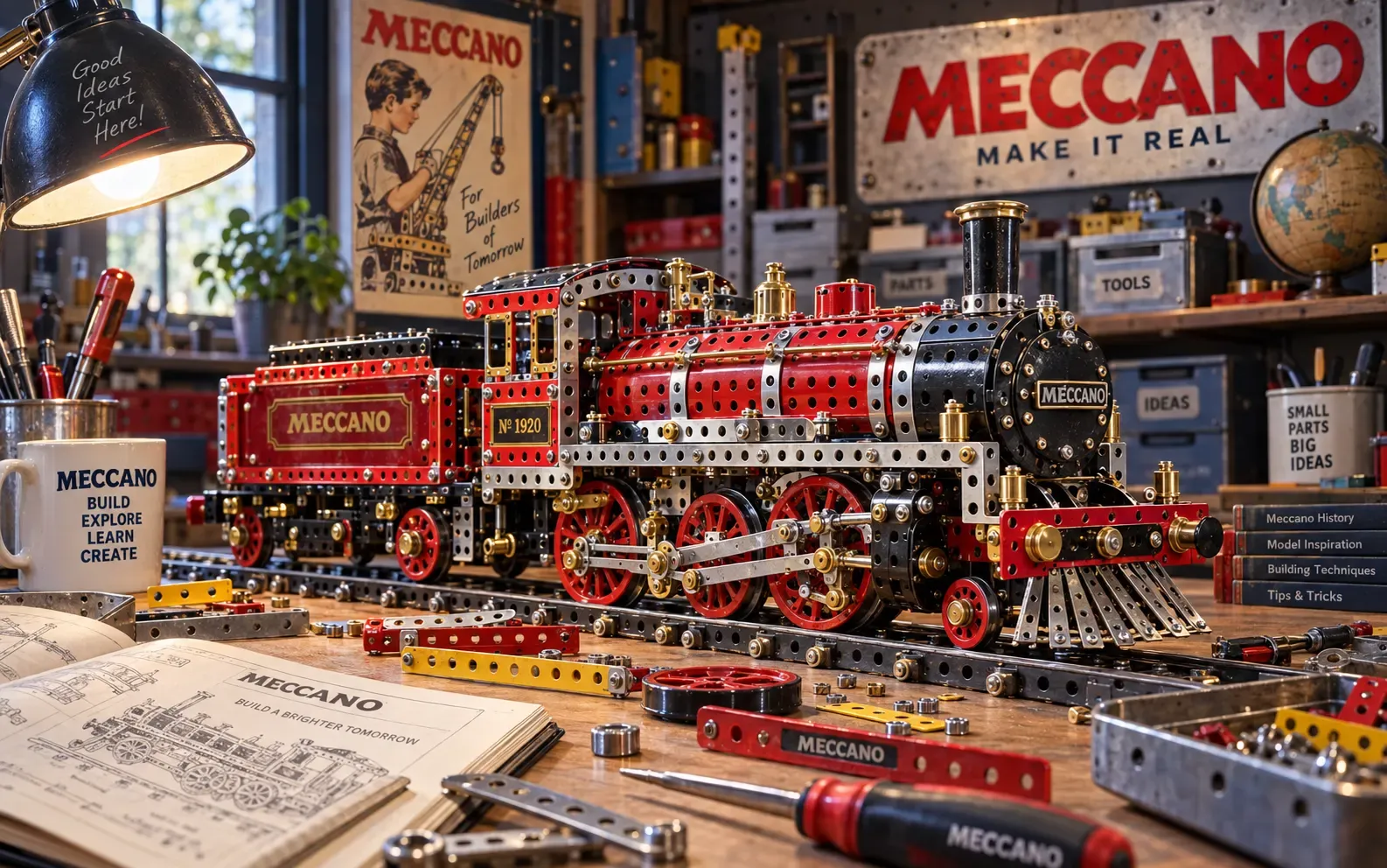 A detailed Meccano steam locomotive model built from metal parts on a workshop table, surrounded by tools, spare parts and vintage Meccano posters