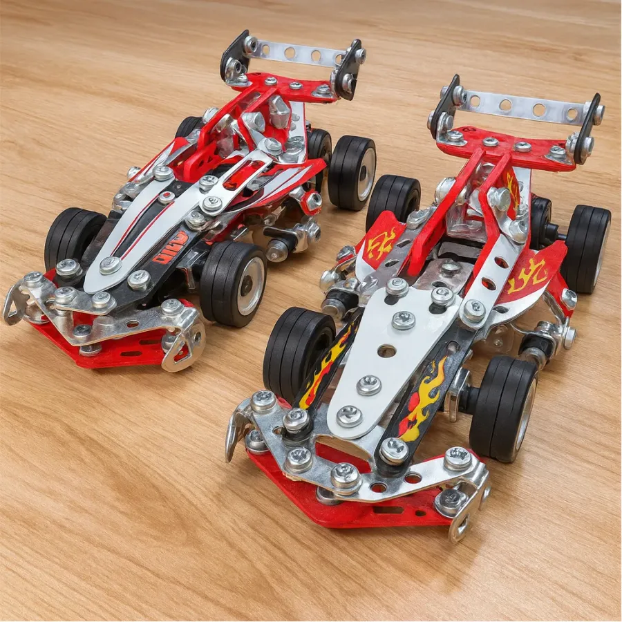 The sleek, fully assembled Meccano 10-in-1 race car model.