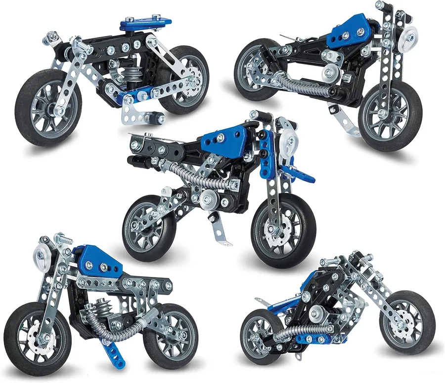 The Meccano 5-in-1 Motorcycles set box and one built motorcycle model.