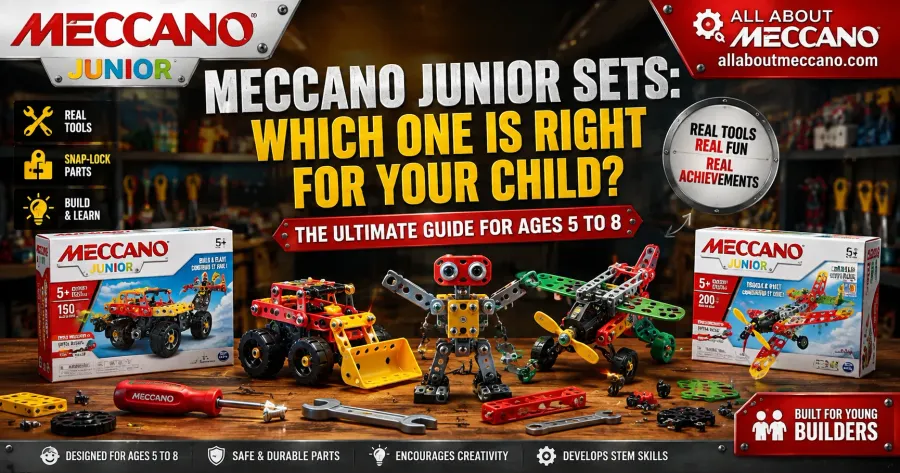 Meccano Junior sets for children aged 5 to 8 showing snap-lock building parts real tools and completed models