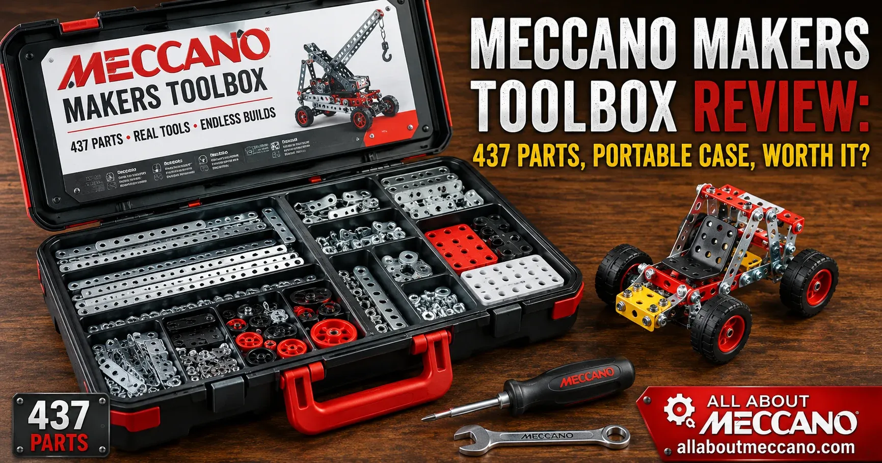 Meccano Makers Toolbox with 437 parts, organized compartments, tools, and completed model