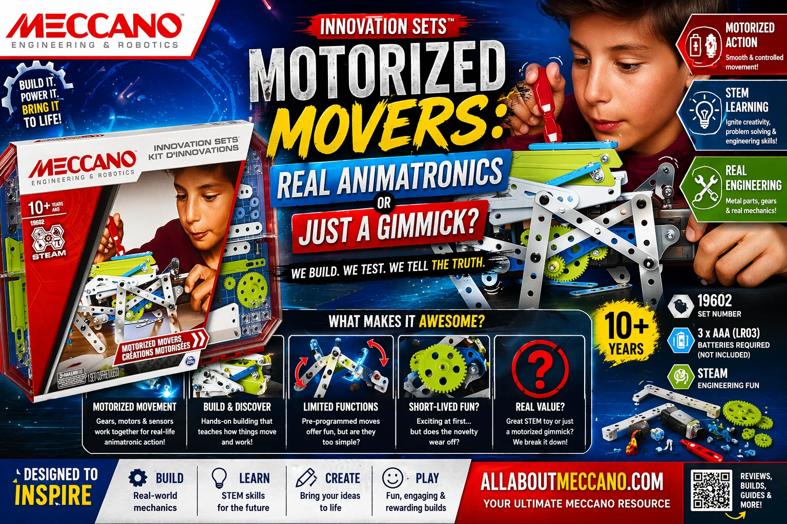 Meccano Motorized Movers set showing motorized mechanical model with gears and moving parts in action