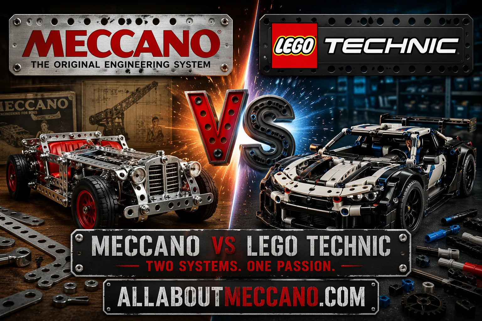 Meccano vs LEGO Technic comparison showing metal engineering system versus plastic building system with realistic mechanical models
