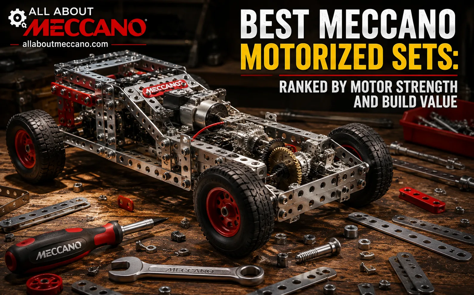 Meccano motorized sets showing exposed gears motor and metal parts mid-build on a workshop surface
