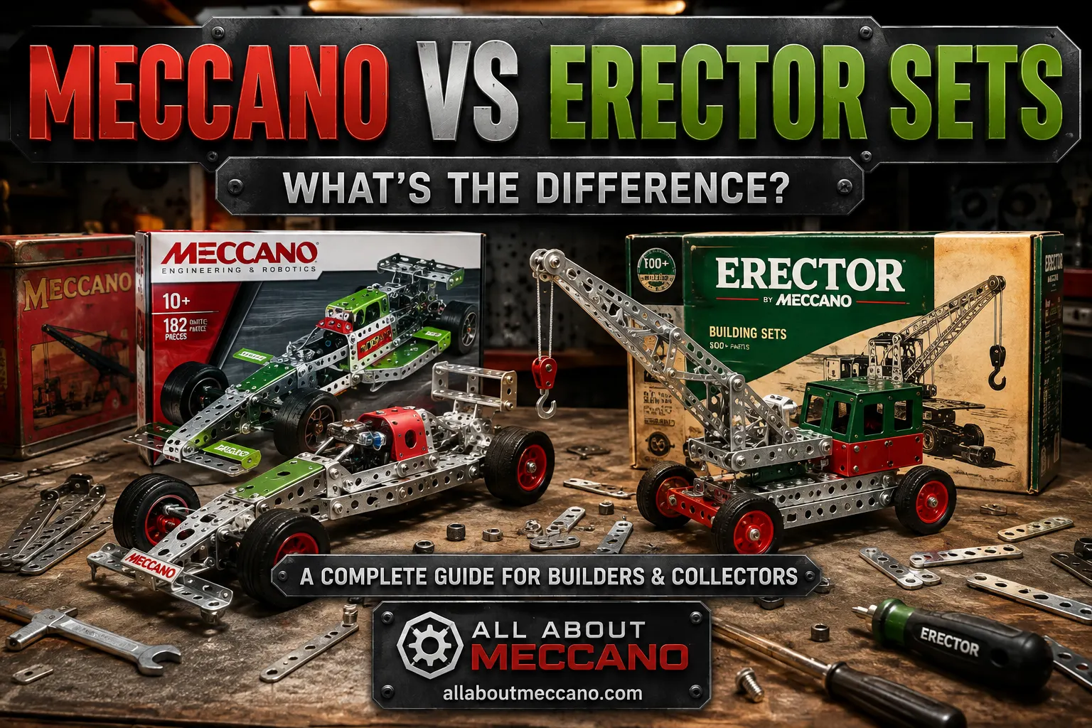 Erector set vs Meccano side by side comparison of metal construction building sets showing parts bolts and panels