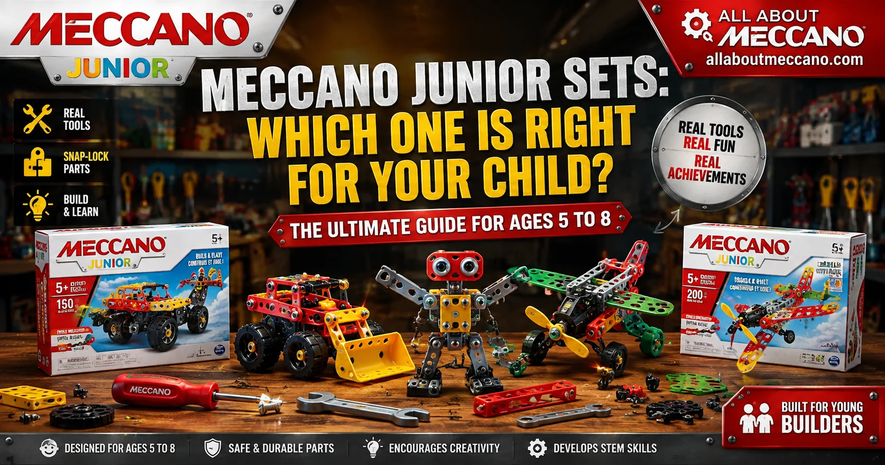 Meccano Junior sets for children aged 5 to 8 showing snap-lock building parts real tools and completed models